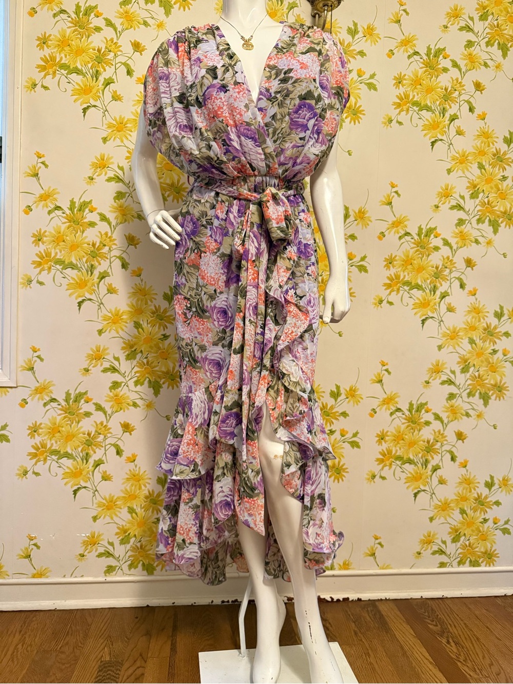 Floral cascading ruffle Wrap Maxi Dress in Lavender and Pink size M